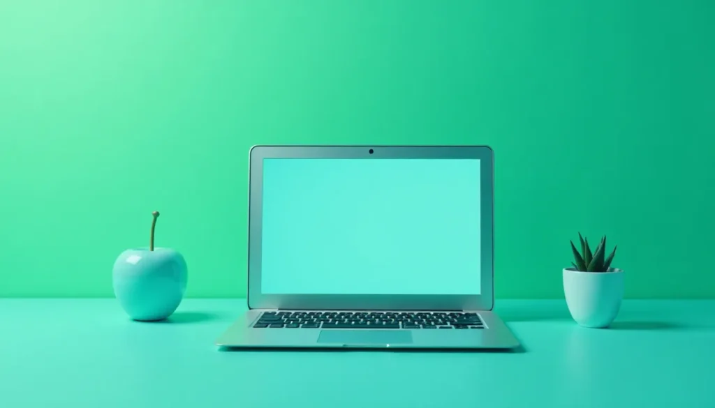 Laptop prateado com tela vazia sobre mesa verde, ao lado de uma maçã azul e um vaso de planta suculenta. Ideal para temas de tecnologia e decoração de escritório.