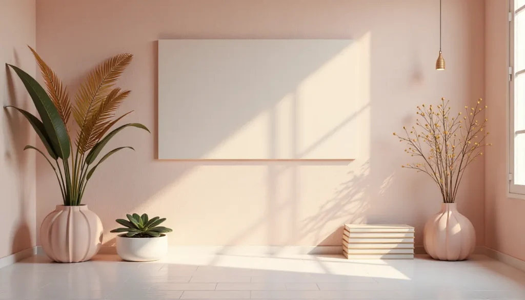 Ambiente minimalista em tons de rosa com plantas decorativas, incluindo uma planta alta em vaso e um vaso com suculenta, além de um quadro em branco na parede e uma luz pendente. Estilo moderno e convidativo.