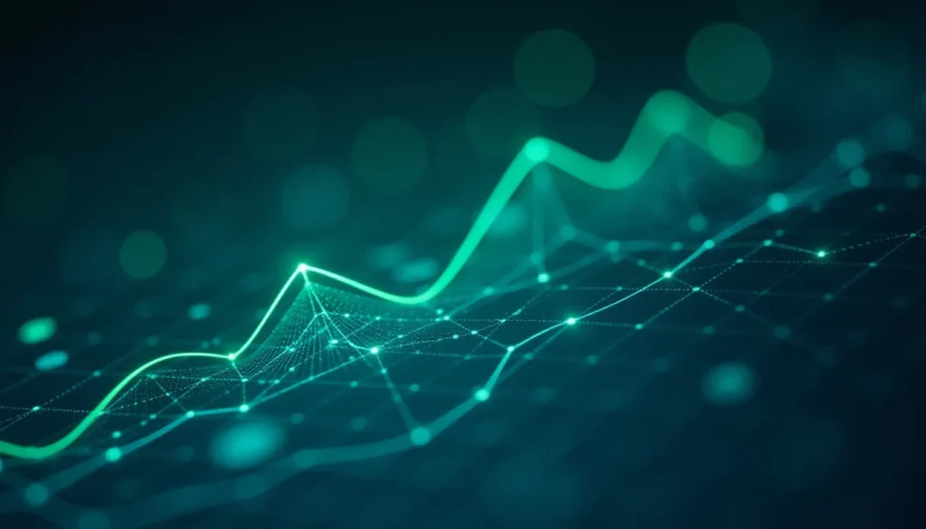 Gráfico digital em verde destacando uma linha ascendente, simbolizando crescimento e análises de dados. A grade de pontos representa a estrutura de informações em um fundo escuro e moderno.
