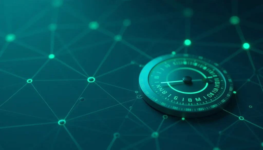 Imagem de um compasso em um fundo com rede de conexões digitais, destacando elementos tecnológicos e de navegação.