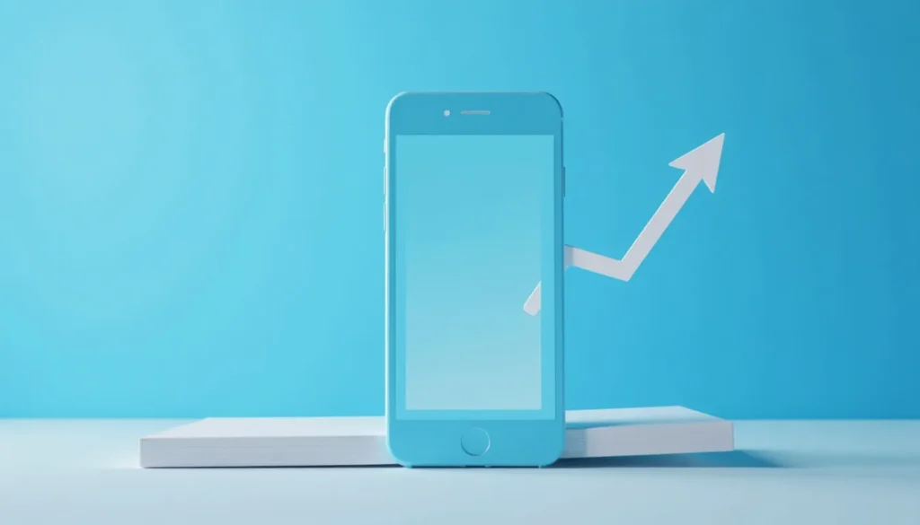 Imagem de um smartphone azul com fundo azul claro, mostrando uma seta ascendente branca ao lado, simbolizando crescimento e progresso em tecnologia ou negócios.