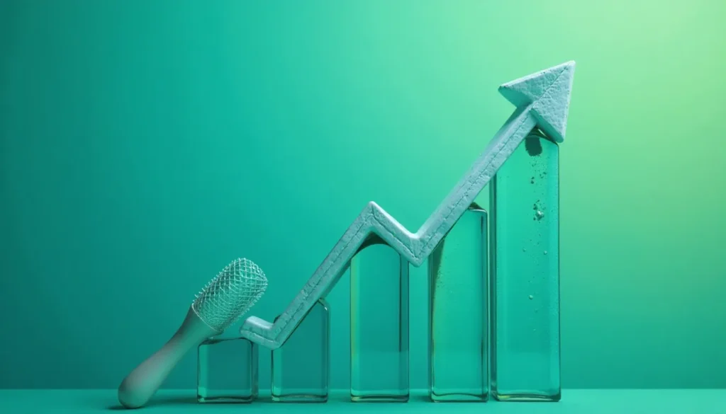 Imagem de gráfico em ascensão representando crescimento, com uma seta apontando para cima, ao lado de um rolo de textura, em frente a um fundo verde suave. Ideal para ilustrar temas de sucesso, progresso e estratégias de negócios.