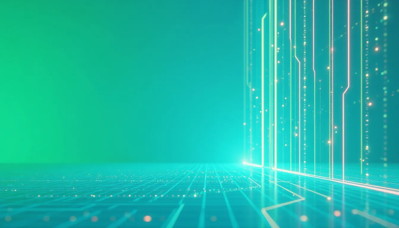 Fundo digital futurista com linhas brilhantes em um tom de verde, representando tecnologia e inovação. A imagem apresenta elementos gráficos que sugerem conexão e redes, ideal para temas relacionados a tecnologia e computação.