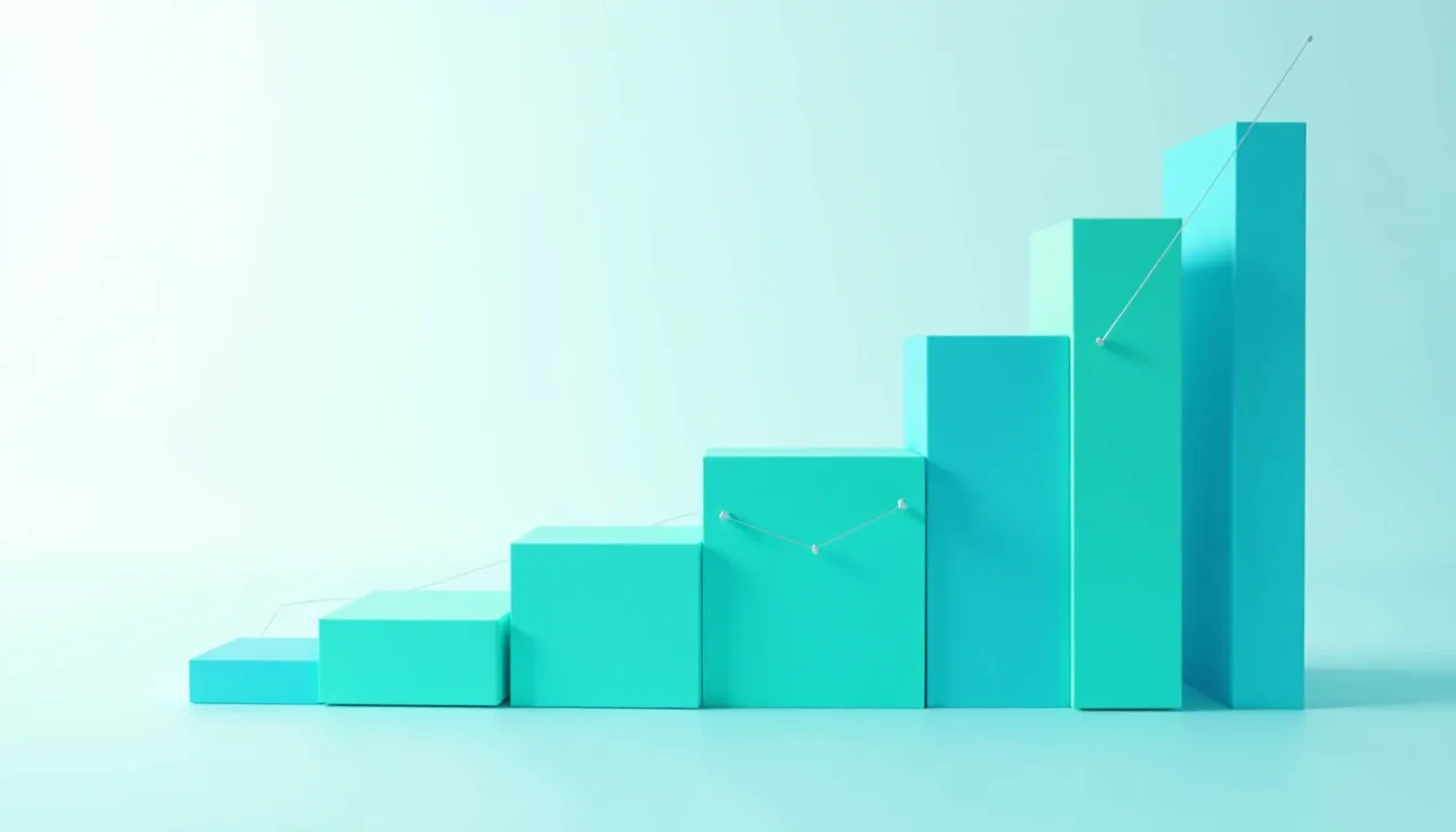 Gráfico de crescimento representado por blocos em tons de azul, mostrando uma tendência de aumento gradual com linhas de conexão. Ideal para conteúdos sobre finanças, marketing e desenvolvimento de negócios.