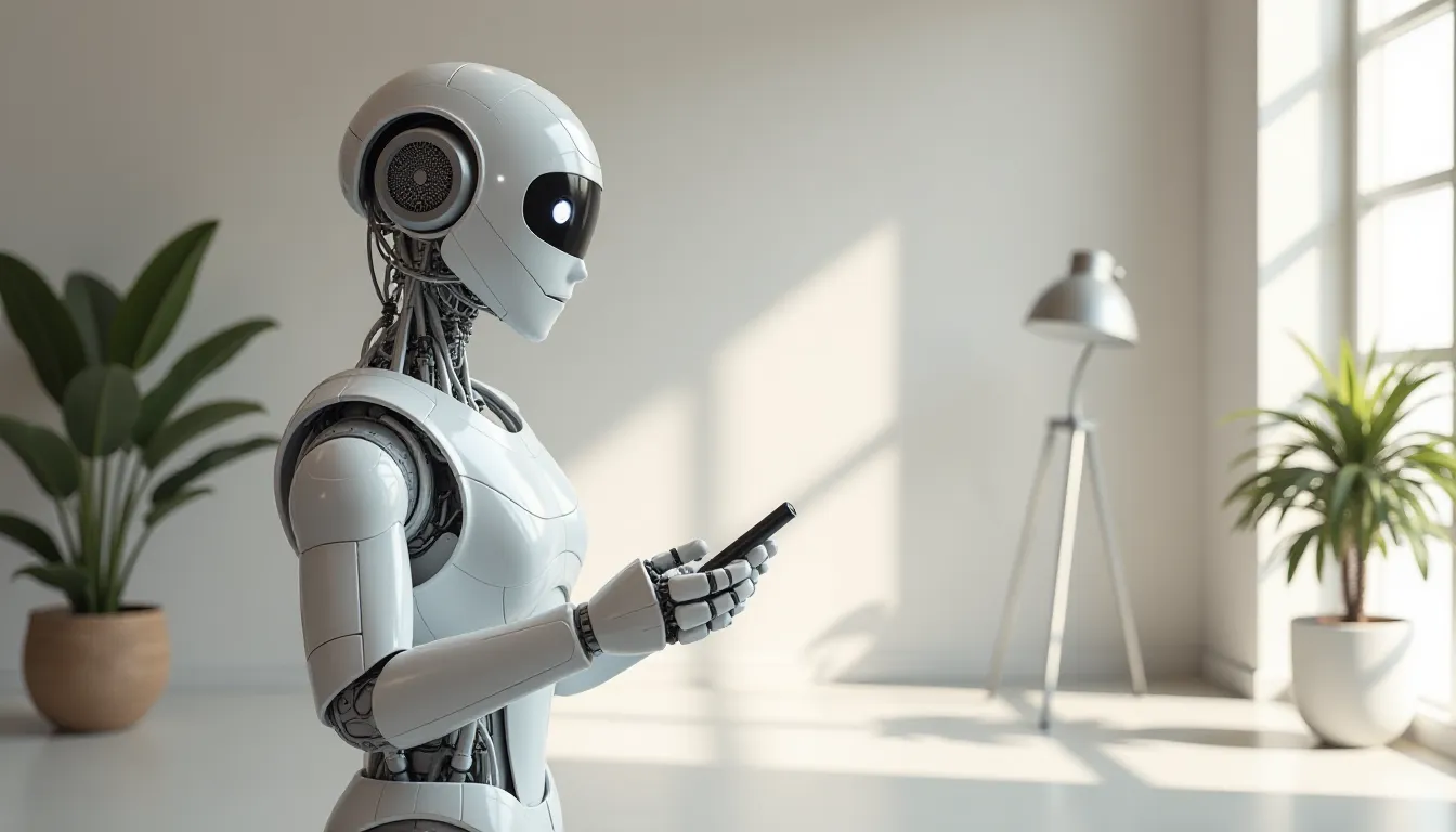 Robô futurista interagindo com um smartphone em um ambiente moderno, com plantas e luz natural. Indica a integração da tecnologia na vida cotidiana.