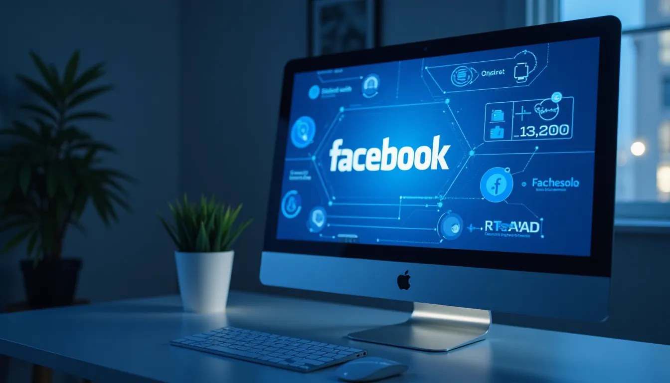 Imagem de um computador Apple mostrando a interface do Facebook. O fundo é escuro, e a tela destaca o logotipo do Facebook em azul, com ícones e números relacionados a interações e atividades na rede social. Uma planta em vaso e um teclado estão visíveis na mesa.