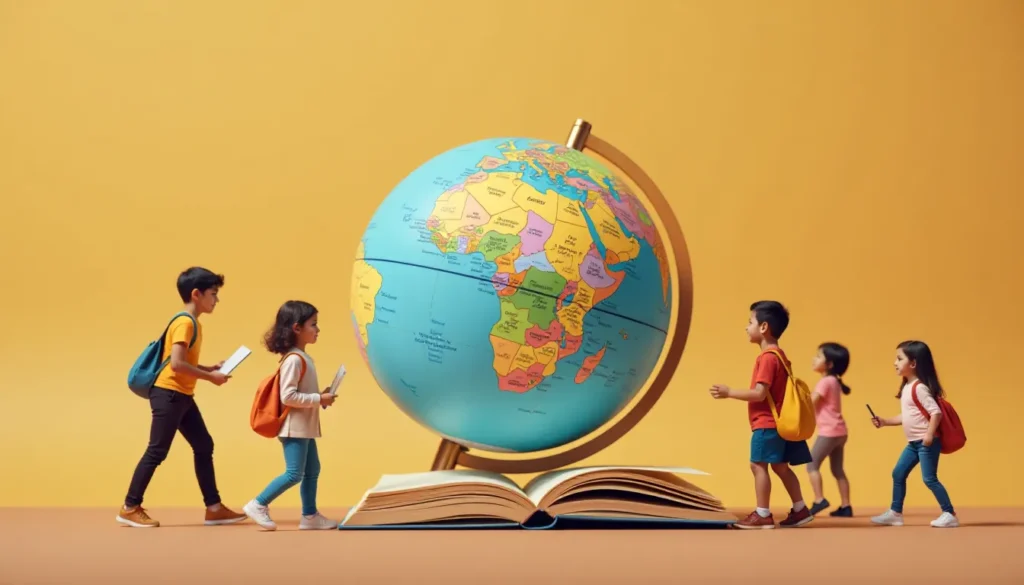 Grupo de crianças caminhando em direção a um globo terrestre, simbolizando a educação e a exploração, com um livro aberto ao fundo. A imagem destaca a curiosidade infantil e o aprendizado sobre o mundo.