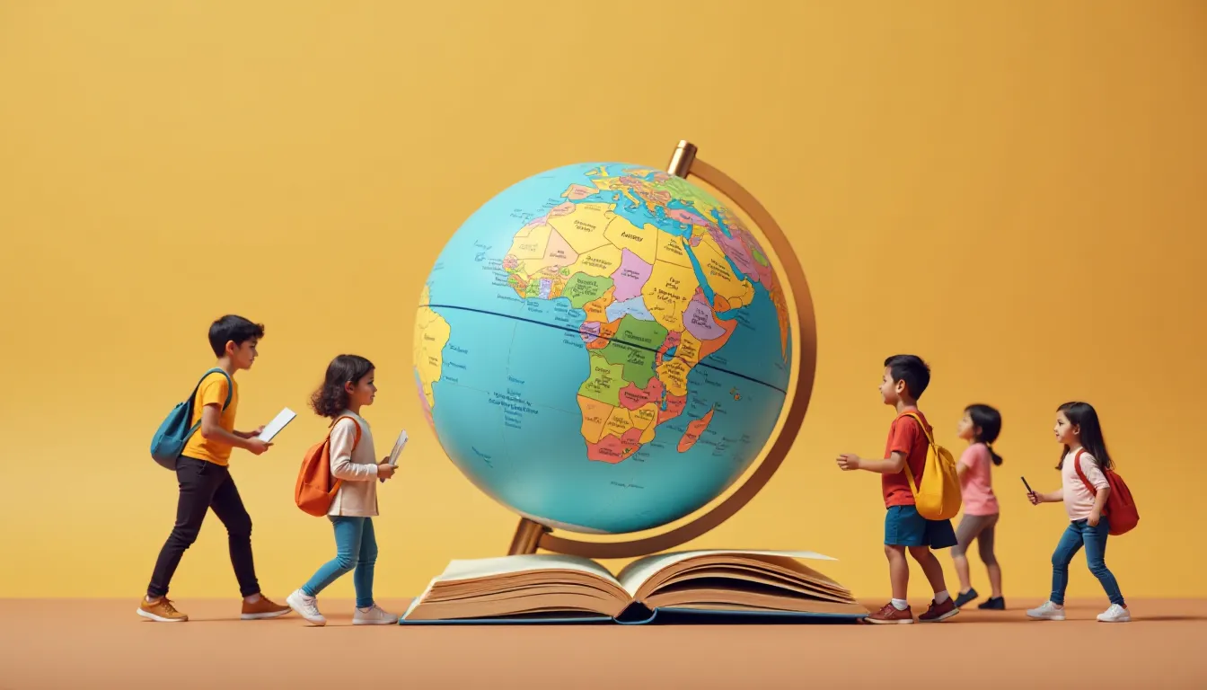 Grupo de crianças caminhando em direção a um globo terrestre, simbolizando a educação e a exploração, com um livro aberto ao fundo. A imagem destaca a curiosidade infantil e o aprendizado sobre o mundo.