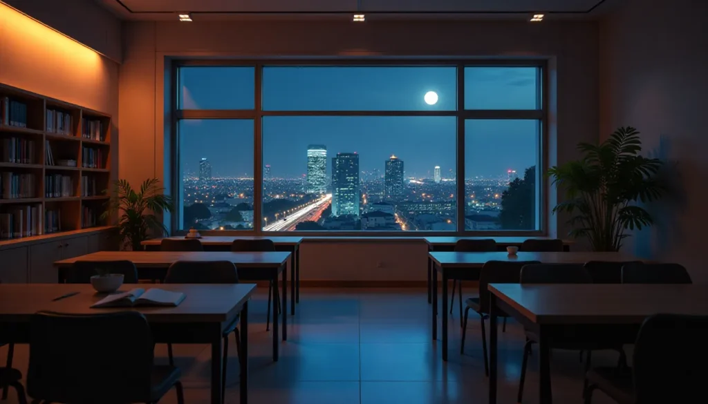 Interior de uma sala de aula moderna à noite, com mesas organizadas e vista panorâmica para a cidade iluminada. A lua cheia brilha no céu, proporcionando iluminação suave ao ambiente. Estantes com livros estão visíveis ao fundo, criando uma atmosfera contemplativa e inspiradora.