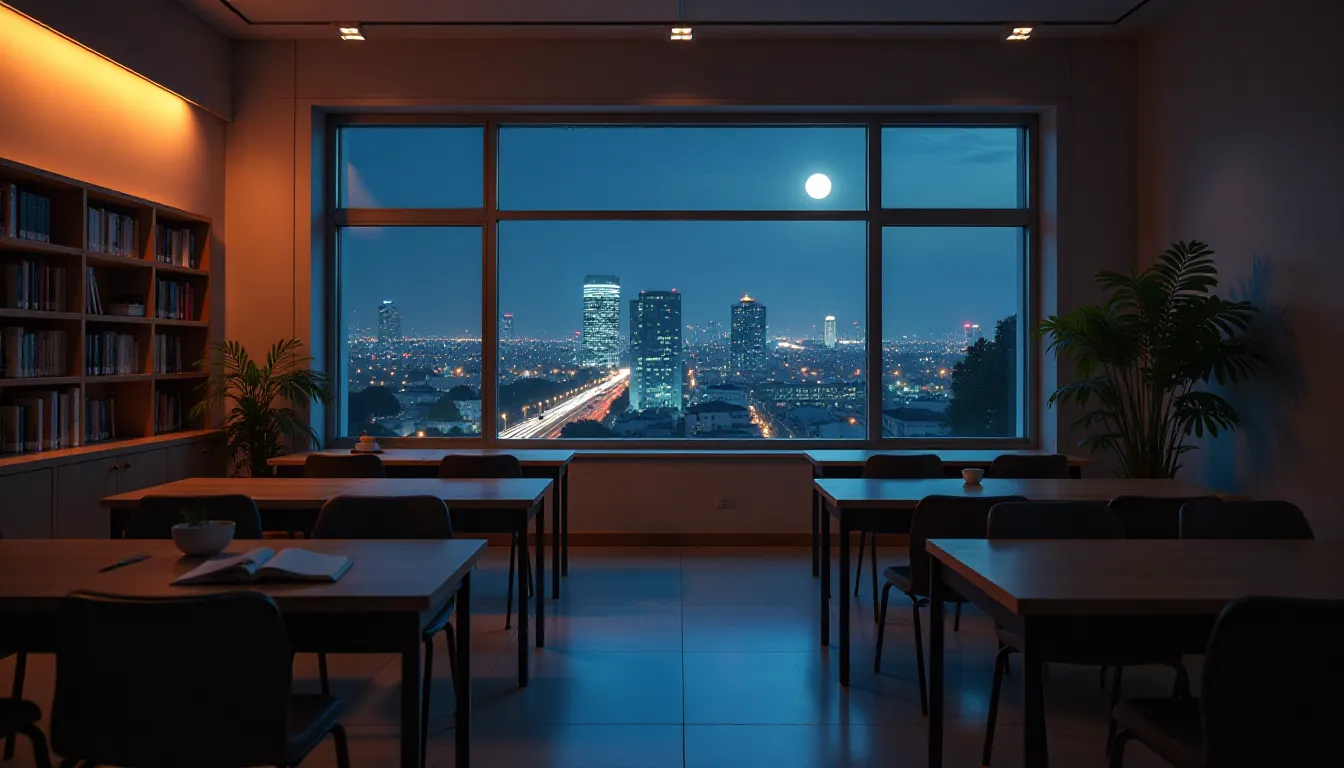 Interior de uma sala de aula moderna à noite, com mesas organizadas e vista panorâmica para a cidade iluminada. A lua cheia brilha no céu, proporcionando iluminação suave ao ambiente. Estantes com livros estão visíveis ao fundo, criando uma atmosfera contemplativa e inspiradora.
