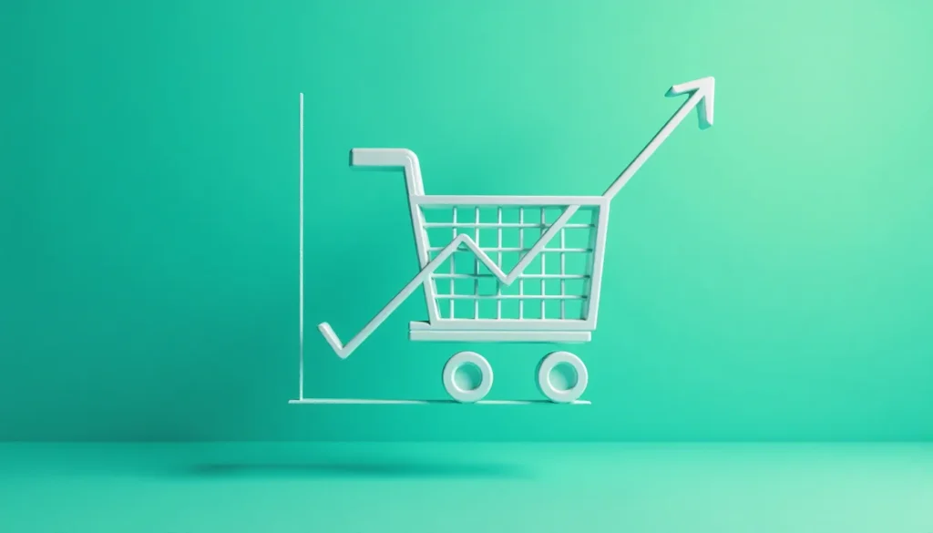 Imagem de um carrinho de compras estilizado com um gráfico de crescimento, representando aumento nas vendas e no e-commerce, em fundo verde.