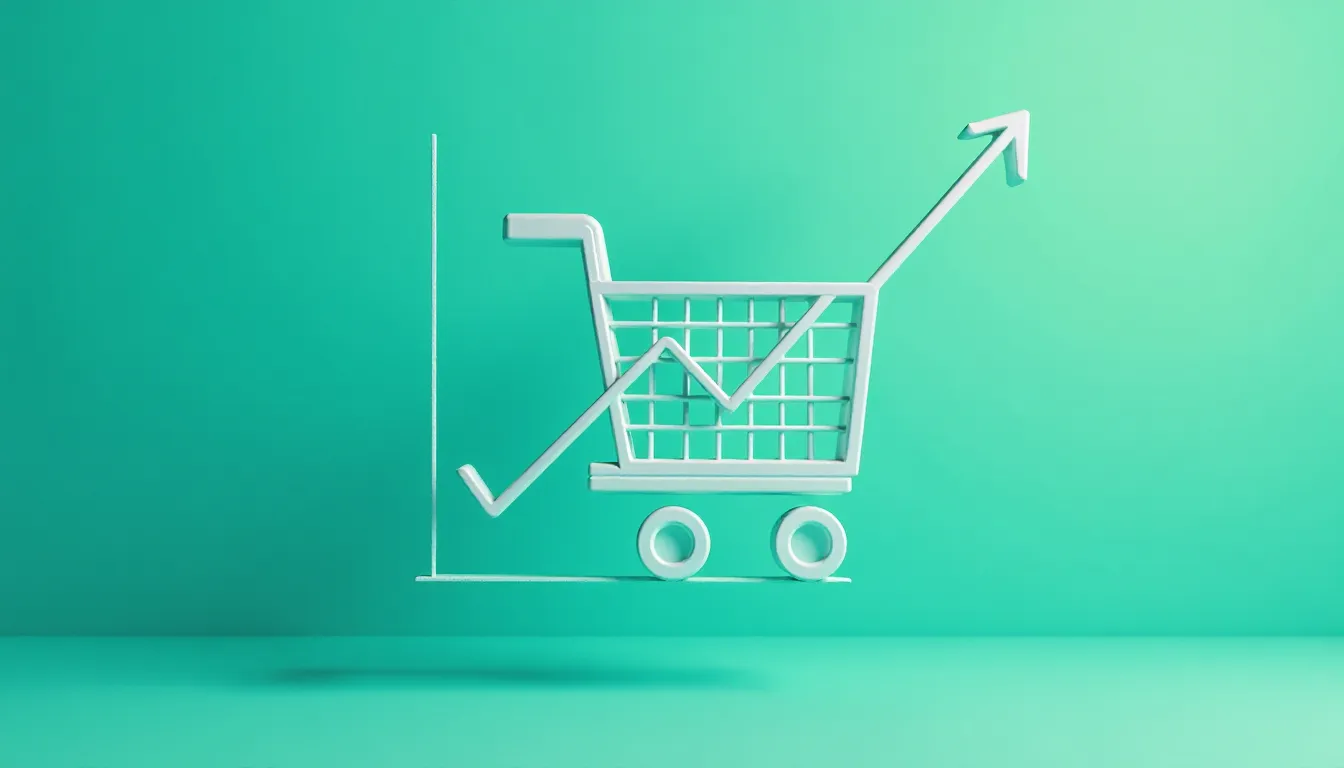 Imagem de um carrinho de compras estilizado com um gráfico de crescimento, representando aumento nas vendas e no e-commerce, em fundo verde.