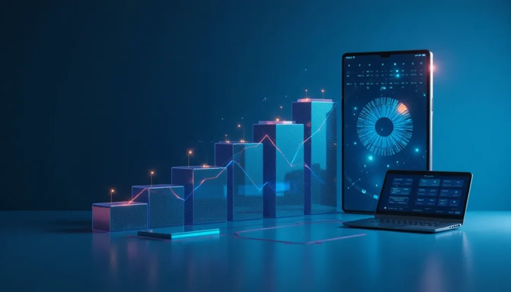 Gráfico de dados em 3D com barras em tons de azul e rosa, representando crescimento, ao lado de um tablet e um laptop exibindo informações analíticas em um ambiente digital.