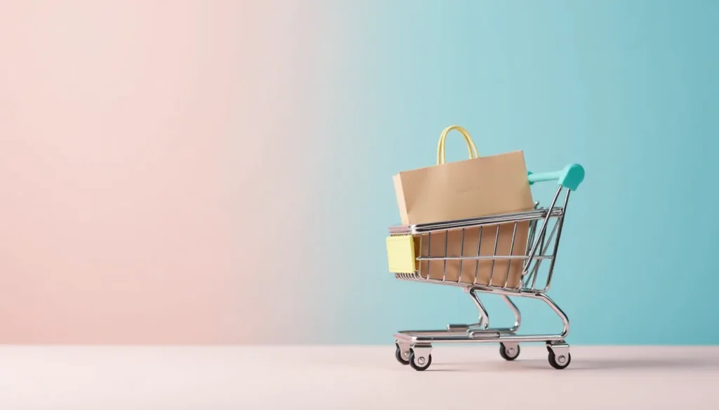 Carrinho de compras prateado com uma sacola de papel dentro, sobre um fundo com gradiente em tons de rosa e azul, ideal para representar compras online ou experiências de varejo.