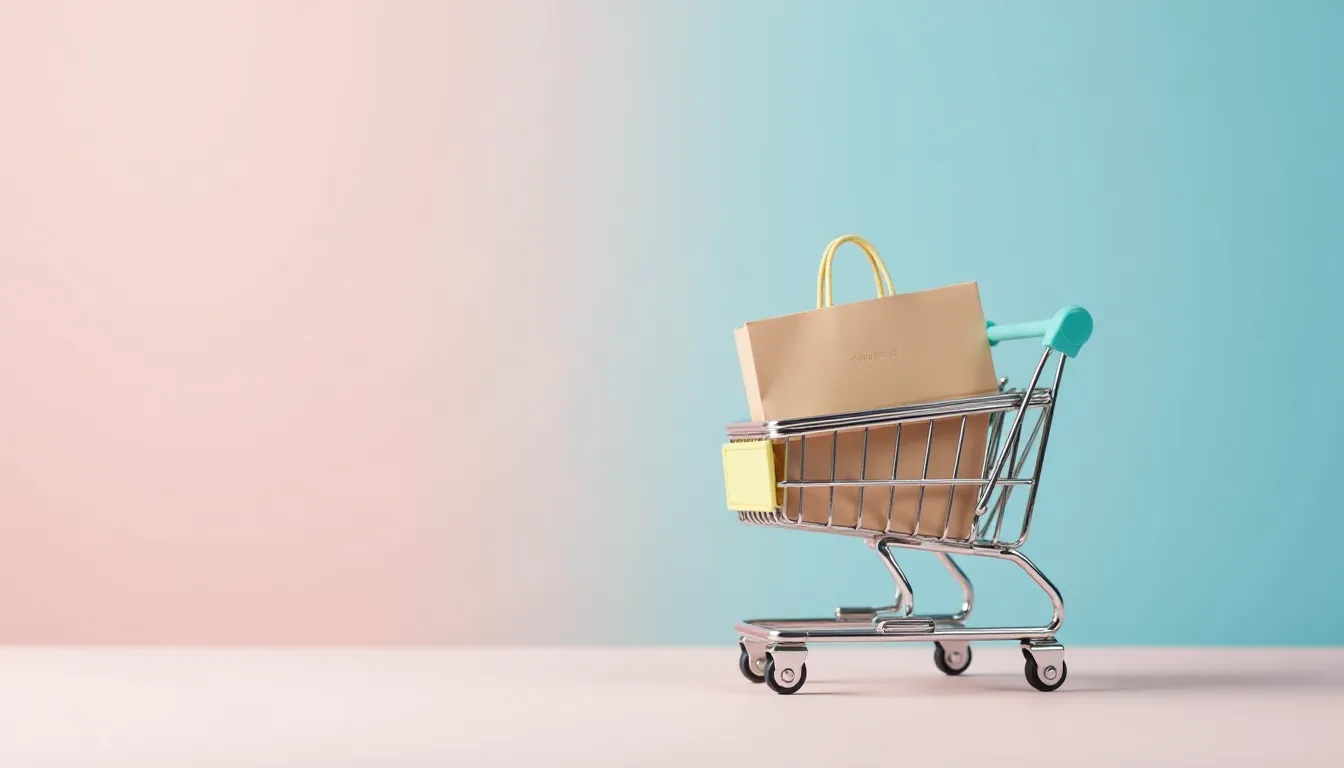 Carrinho de compras prateado com uma sacola de papel dentro, sobre um fundo com gradiente em tons de rosa e azul, ideal para representar compras online ou experiências de varejo.