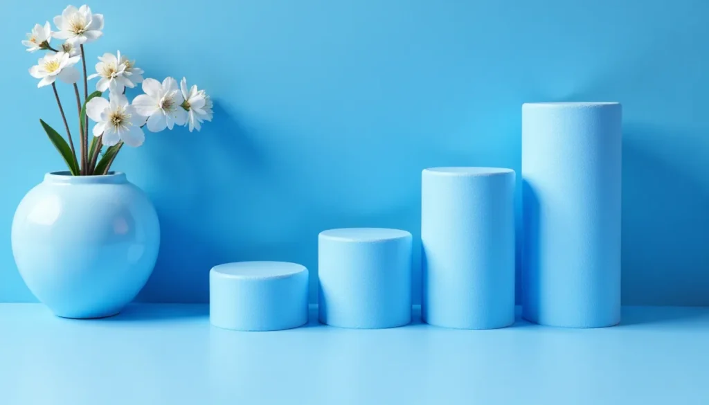 Arranjo de flores brancas em um vaso azul, com quatro cilindros decorativos em diferentes alturas, sobre fundo azul. Ideal para ideias de decoração minimalista e contemporânea.