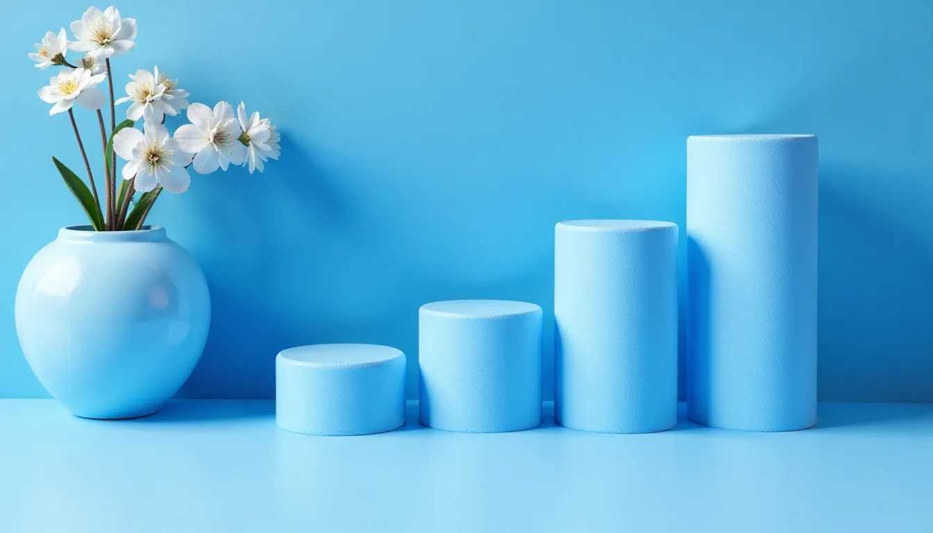 Arranjo de flores brancas em um vaso azul, com quatro cilindros decorativos em diferentes alturas, sobre fundo azul. Ideal para ideias de decoração minimalista e contemporânea.