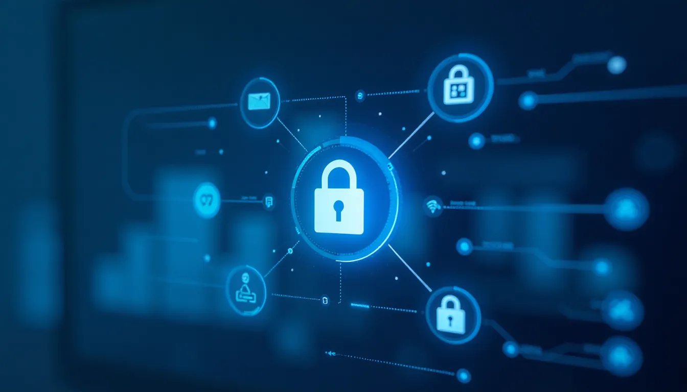Imagem digital ilustrando segurança cibernética, com um ícone de cadeado central rodeado de símbolos de proteção, como e-mail e Wi-Fi, representando a interconexão e a segurança de dados.