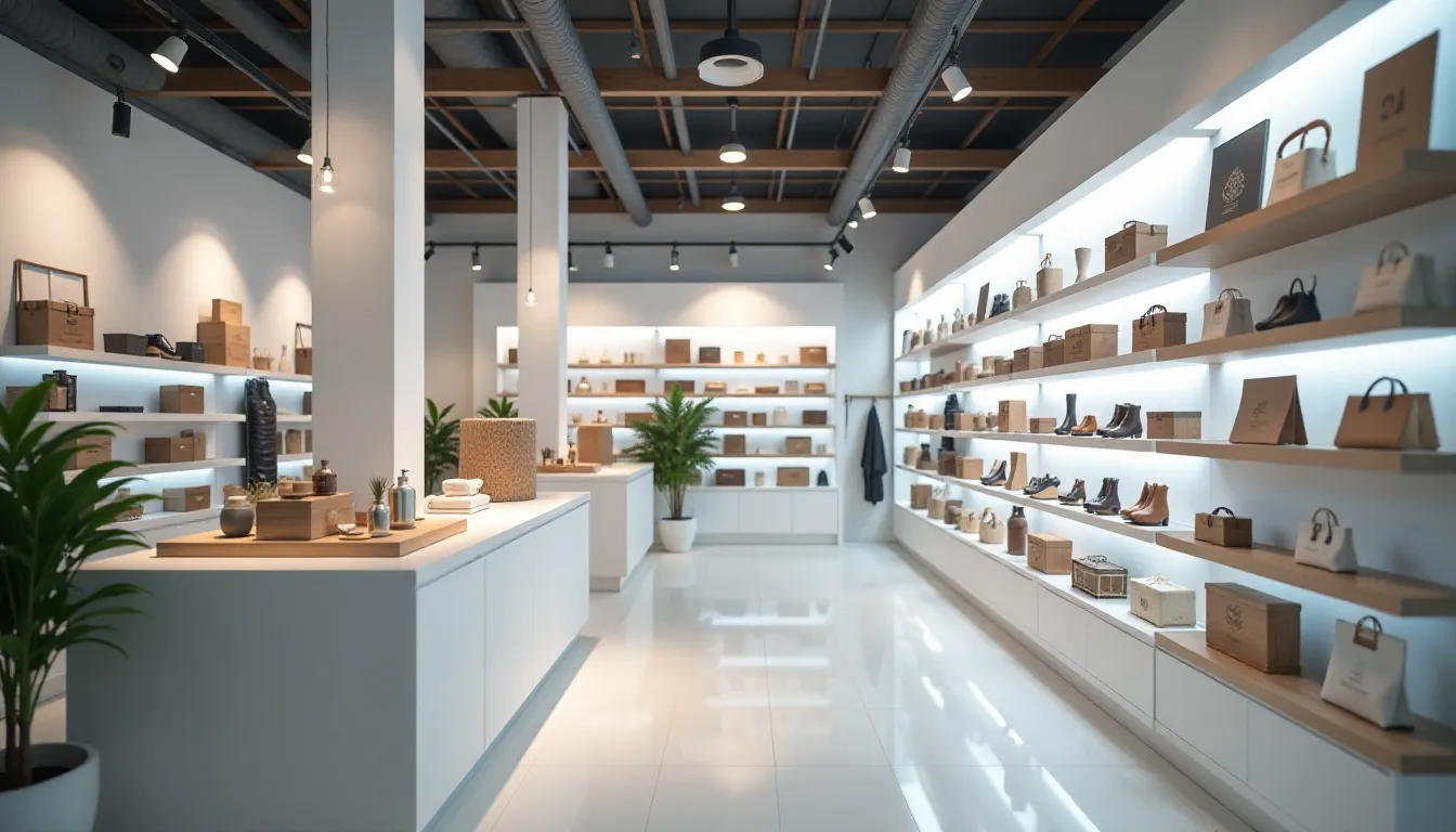 Interior de uma loja moderna com prateleiras iluminadas, exibindo produtos diversos como sapatos e acessórios, além de plantas decorativas e mesas organizadas com itens em exibição. O ambiente é minimalista e bem iluminado.
