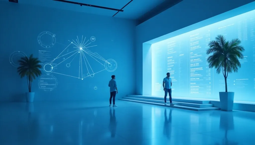 Dois homens em um ambiente moderno e iluminado em azul, interagindo com dados projetados em uma parede. O cenário inclui plantas e uma escada, refletindo um ambiente de tecnologia avançada e inovação.
