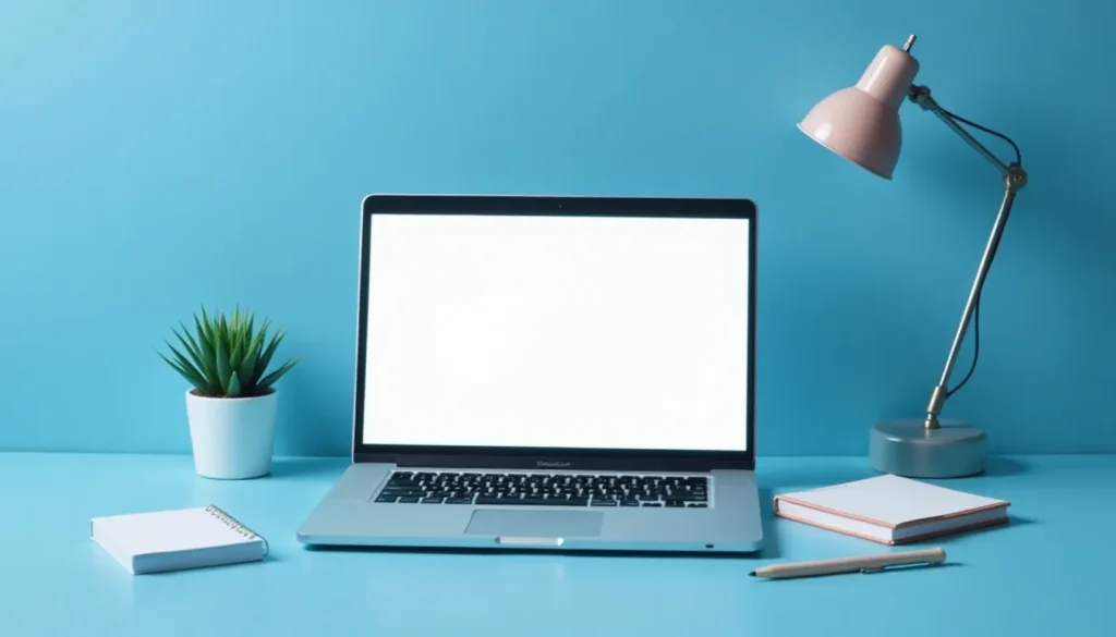 Mesa de trabalho em tom azul com laptop moderno, planta em vaso, caderno em branco e caneta. Ambiente criativo e minimalista propício para estudos ou trabalho.