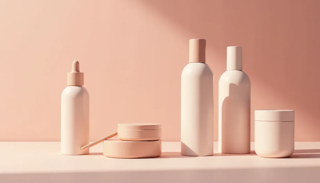 Conjunto de produtos de cuidados com a pele em frascos brancos, incluindo um conta-gotas e pomadas, sobre uma superfície clara, com fundo rosa suave. Ideal para ilustrar estética minimalista e cuidados pessoais.