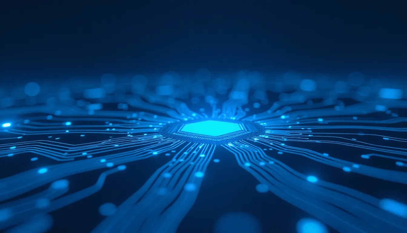 Imagem de um circuito eletrônico em tons de azul, com conexões e pontos luminosos, simbolizando tecnologia avançada e inovação em computação.