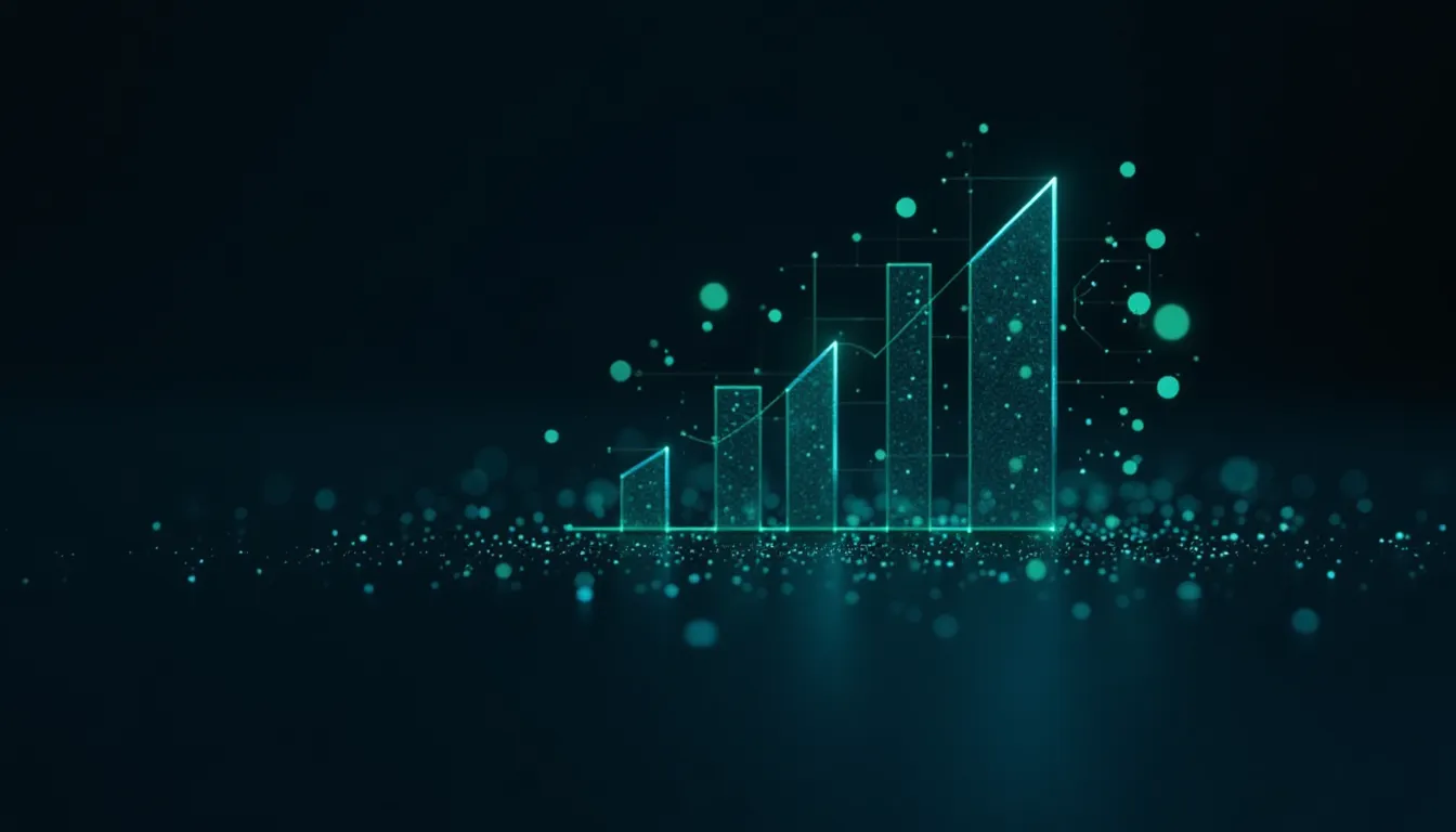 Gráfico de crescimento em cores neon, representando dados financeiros e tendências, em um fundo escuro com partículas brilhantes.