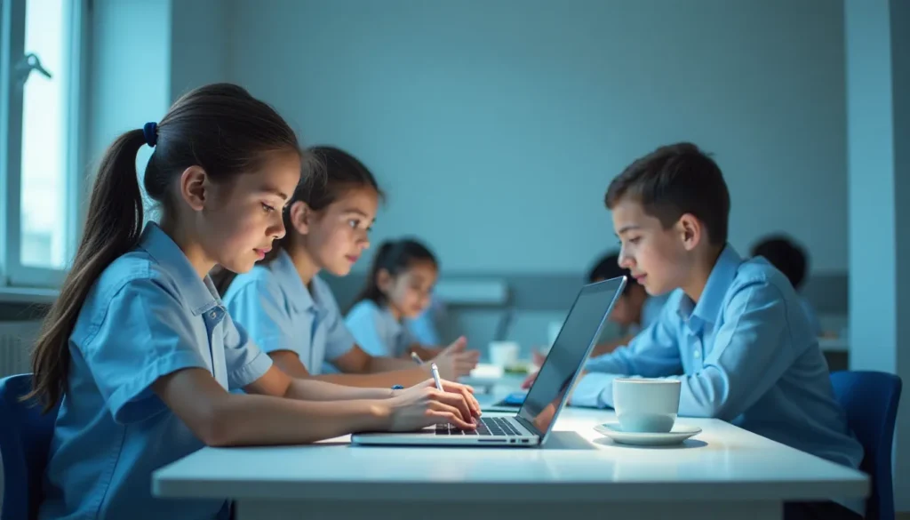 Grupo de crianças estudando em uma sala de aula com computadores, focadas em suas tarefas. A atmosfera é iluminada suavemente, destacando a colaboração e o aprendizado em ambiente digital.