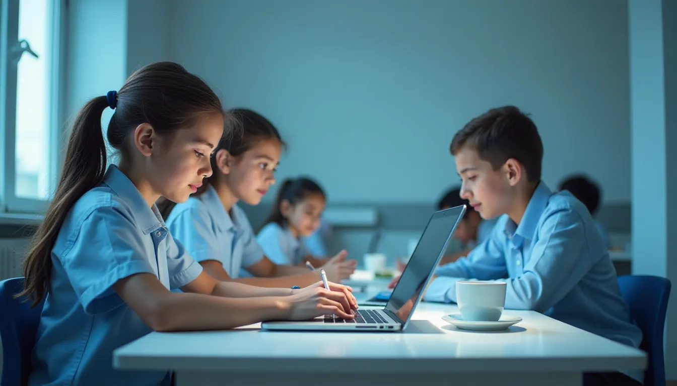 Grupo de crianças estudando em uma sala de aula com computadores, focadas em suas tarefas. A atmosfera é iluminada suavemente, destacando a colaboração e o aprendizado em ambiente digital.
