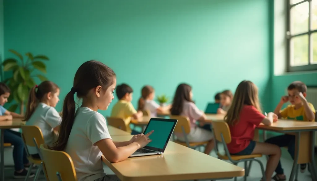 Crianças em sala de aula utilizando laptops, com foco em uma aluna que interage com o dispositivo. O ambiente é iluminado e decorado com paredes verdes, promovendo um espaço de aprendizado moderno e tecnológico.