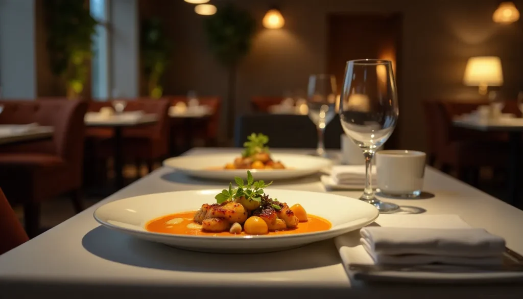 Prato gourmet servido em ambiente sofisticado, com gnocchi, molho e guarnições. Mesa decorada com copos e talheres em restaurante elegante.