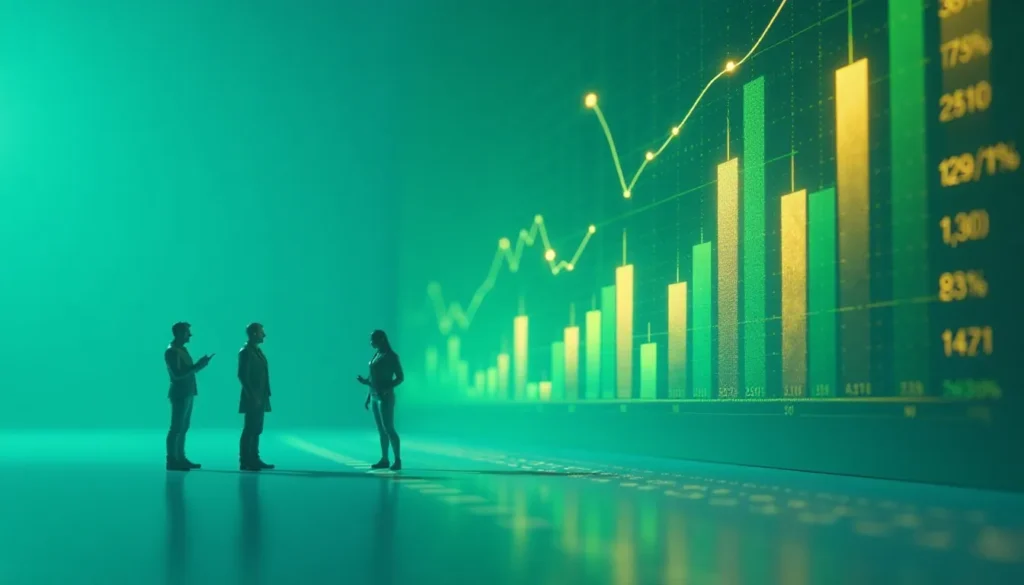 Grupo de pessoas discutindo gráficos de crescimento em uma apresentação empresarial com fundo verde.
