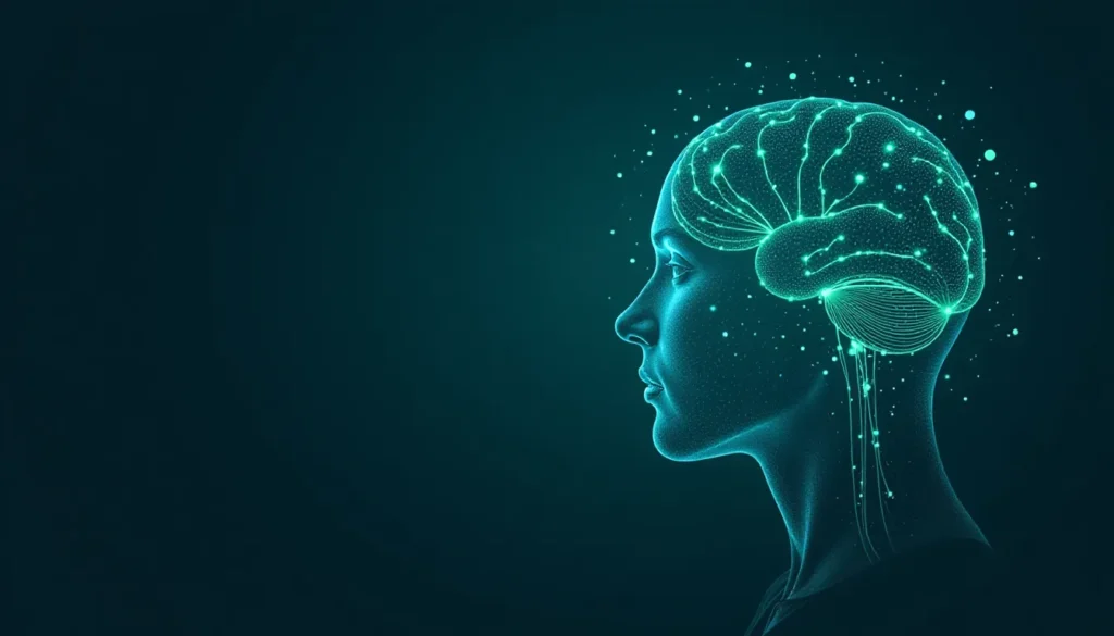 Imagem de um perfil humano com um cérebro estilizado em forma de rede, destacando conexões neuronais em tons de azul e verde. O fundo é escuro, criando um contraste com os elementos luminosos que simbolizam a atividade cerebral. Ideal para temas relacionados à neurociência, tecnologia e inteligência artificial.