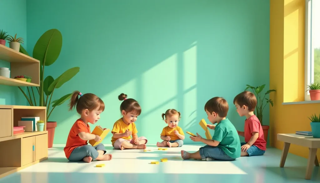 Crianças brincando no chão de uma sala colorida, com paredes verdes e amarelas, usando blocos de brinquedo. A cena exibe cinco crianças envolvidas em atividades lúdicas, promovendo o aprendizado e a interação social.