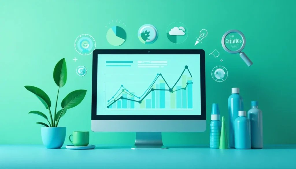 Computador com tela exibindo gráficos de dados em um fundo verde, cercado por ícones relacionados a análises, marketing digital e estratégia, com uma planta e objetos de toalete em tons de azul.