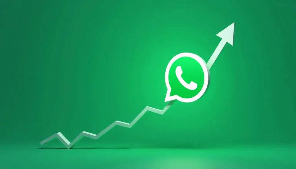 Gráfico crescente com o ícone do WhatsApp, simbolizando o aumento da popularidade e uso do aplicativo de mensagens. Fundo verde.