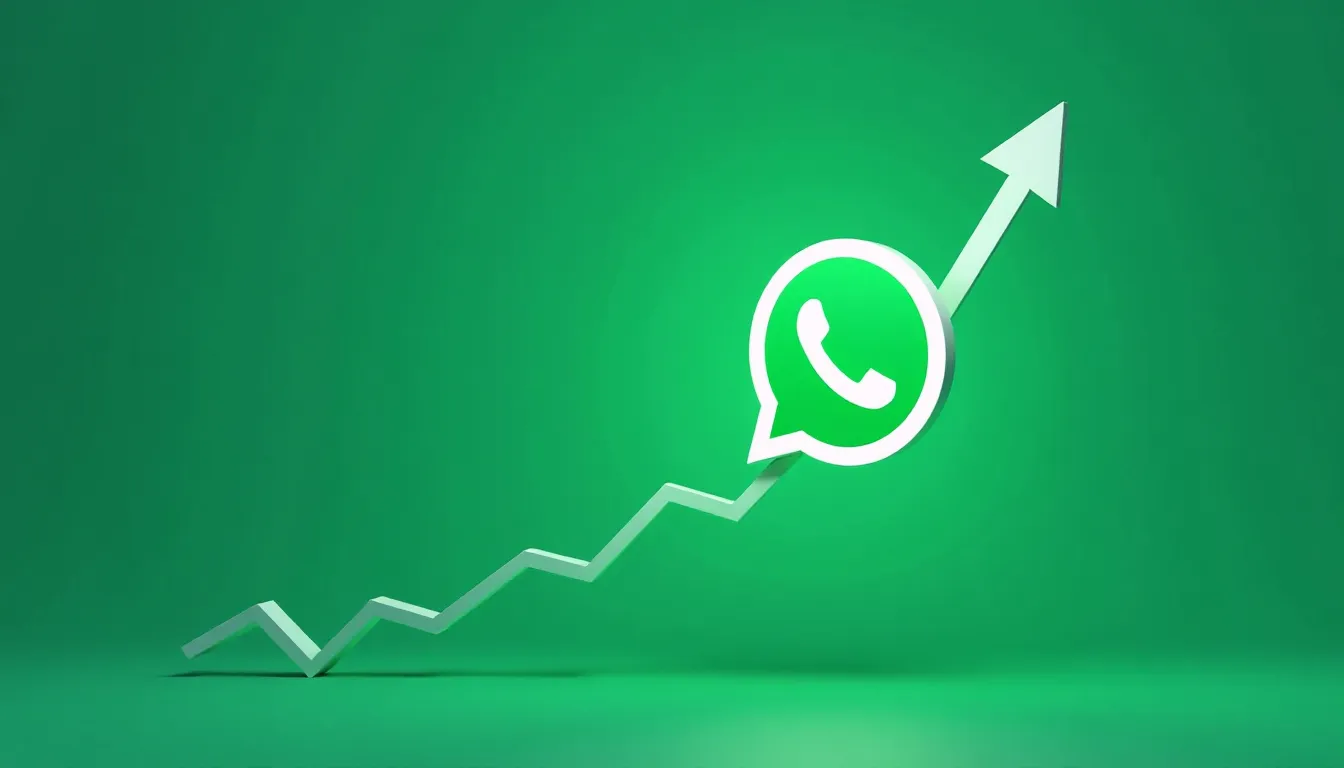 Gráfico crescente com o ícone do WhatsApp, simbolizando o aumento da popularidade e uso do aplicativo de mensagens. Fundo verde.