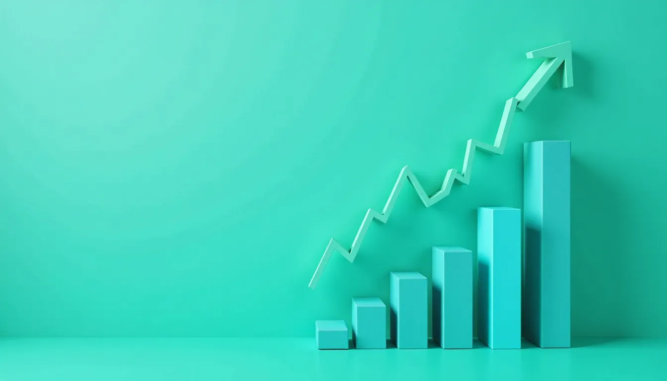 Gráfico em 3D com barras em tons de azul sobre fundo verde, mostrando crescimento progressivo representado por uma linha ascendente. Ideal para ilustrar resultados financeiros positivos e tendências de mercado.