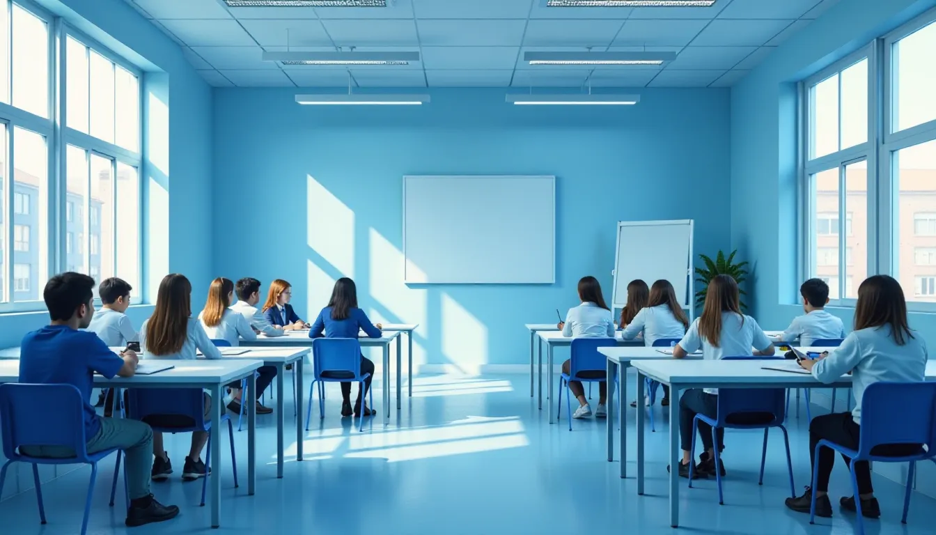 Sala de aula moderna com alunos sentados em mesas brancas, concentrados em uma apresentação, com paredes azuis e janelas amplas que permitem a entrada de luz natural.