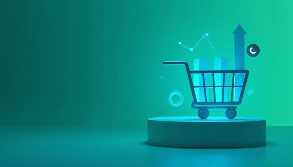 Carrinho de compras em uma plataforma em destaque, com gráficos de crescimento e elementos digitais em um fundo verde, simbolizando o comércio eletrônico e a análise de vendas.