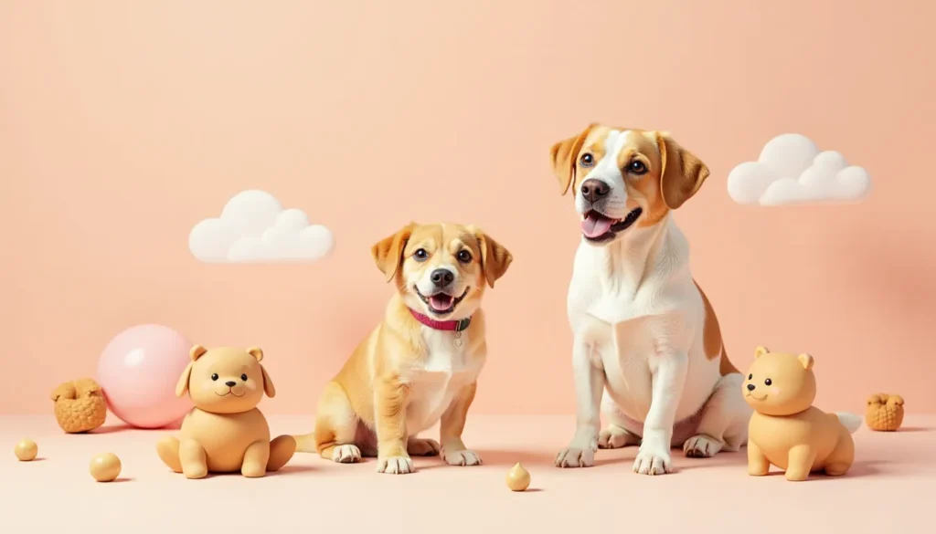 Cachorros felizes sentados em um fundo rosa, rodeados por brinquedos de pelúcia e uma bola, transmitindo uma atmosfera lúdica e aconchegante.