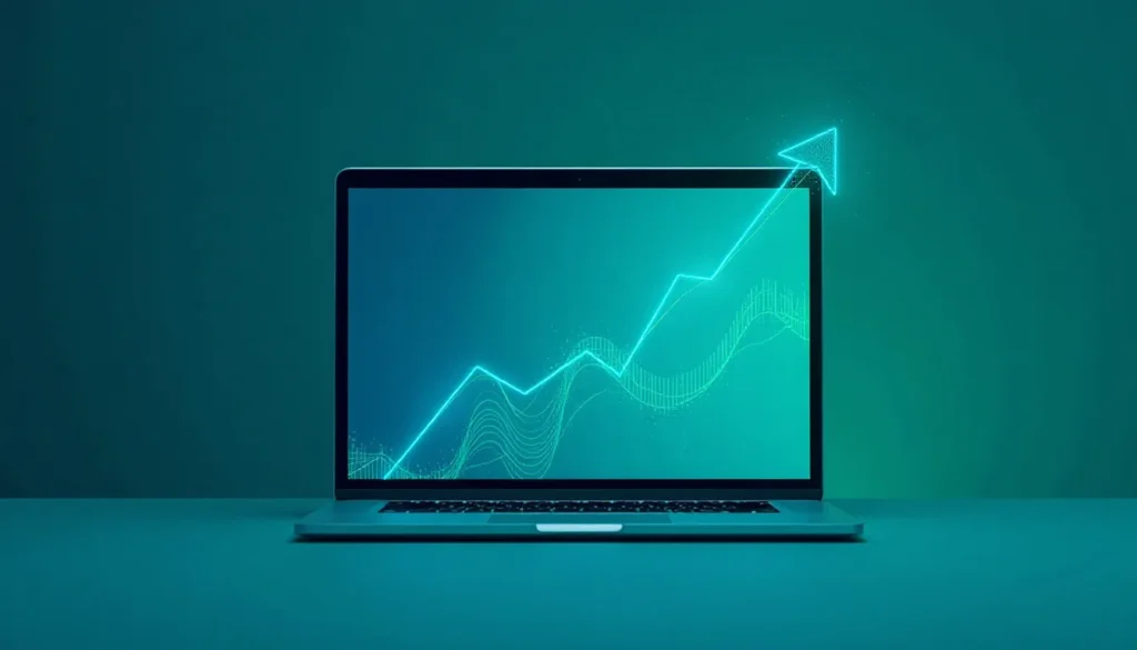Imagem de um laptop exibindo um gráfico digital em ascensão com linhas azuis e uma seta apontando para cima, simbolizando crescimento e progresso em análises de dados.
