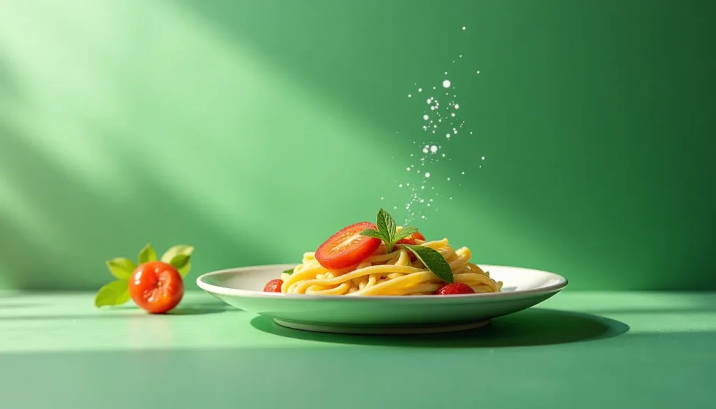 Prato de macarrão com tomates-cereja e folhas de hortelã em um fundo verde, apresentado de forma atrativa com um toque de frescor.