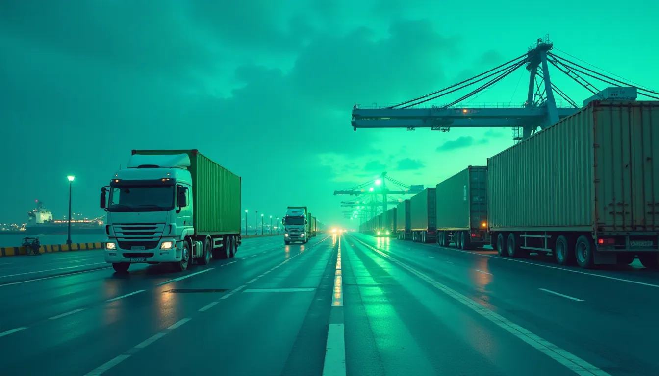 Imagem de um porto à noite, com caminhões de carga de diferentes cores alinhados na estrada molhada, sob uma iluminação verde. Guindastes estão visíveis ao fundo, simbolizando atividades de transporte e logística.