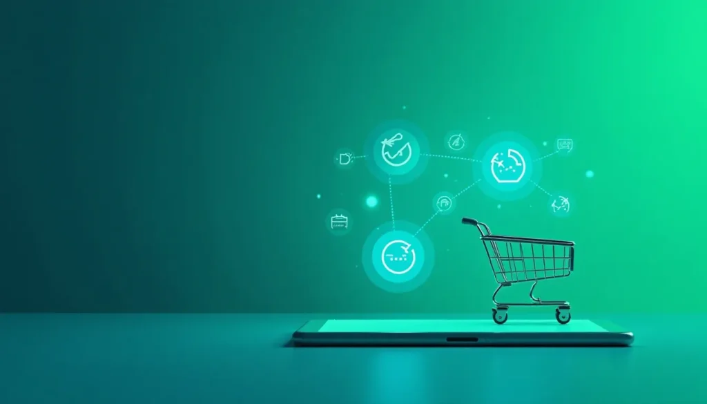 Carrinho de compras em 3D sobre um smartphone, simbolizando compras online, com ícones flutuantes representando consultas e serviços digitais.
