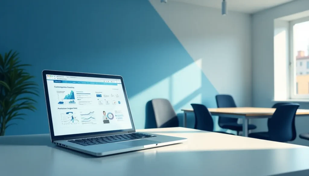 Laptop em mesa em escritório moderno, mostrando tela com gráficos e dados de análise, decoração minimalista e cadeiras ao fundo.