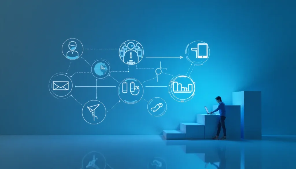 Pessoa usando laptop em um ambiente azul, com ícones digitais representando comunicação, dados e tecnologias, como e-mail, gráficos e dispositivos móveis, projetados na parede atrás.