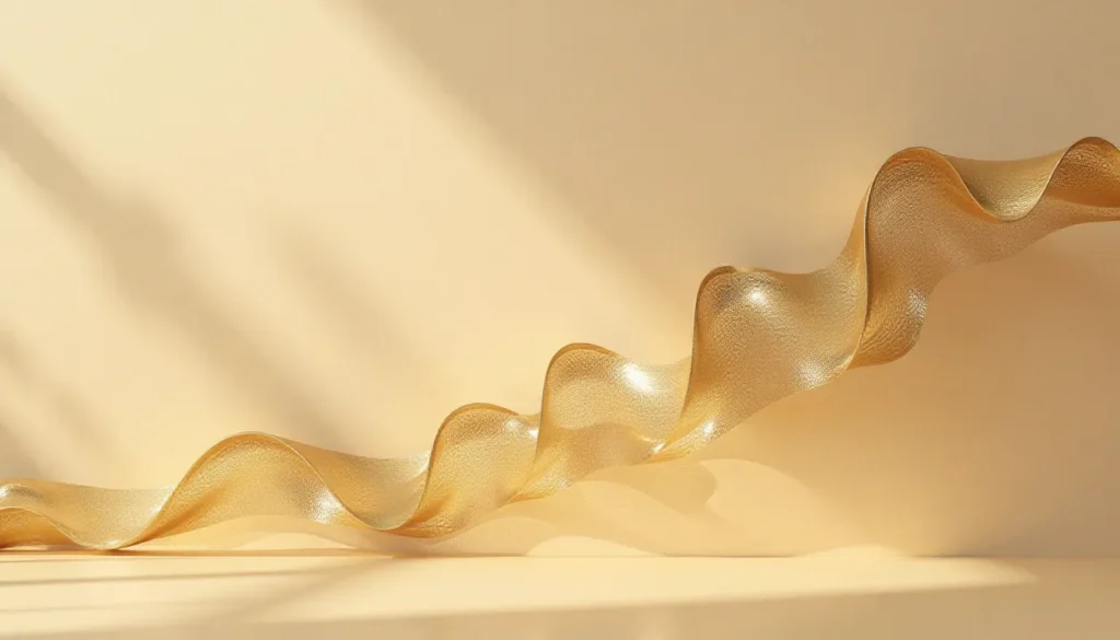 Ribão dourado refletindo luz sobre fundo neutro, criando sombras suaves e um efeito visual elegante e moderno.