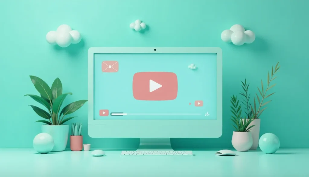 Computador de mesa em um ambiente minimalista em tons de verde-água, com uma tela mostrando a interface do YouTube, plantas decorativas e nuvens em relevo na parede.